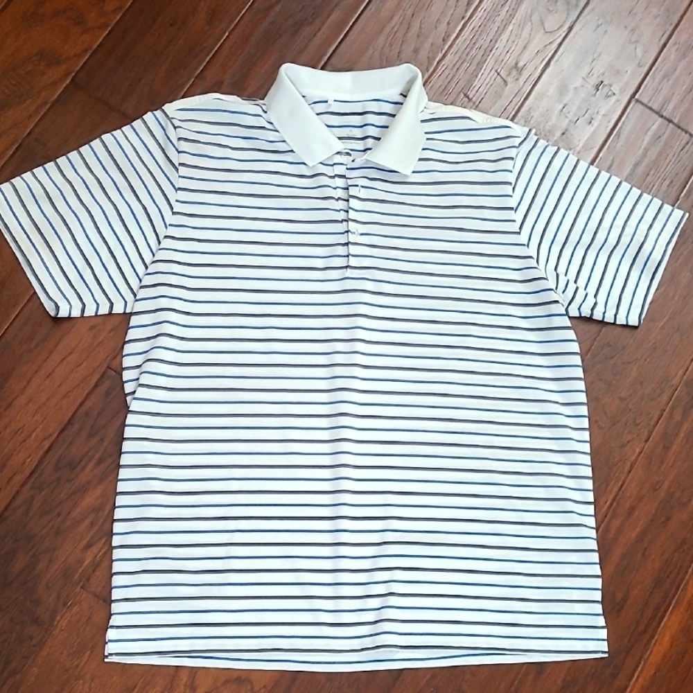 Adidas White with Blue, Black & Grey Stripes Polo style shirt size XL